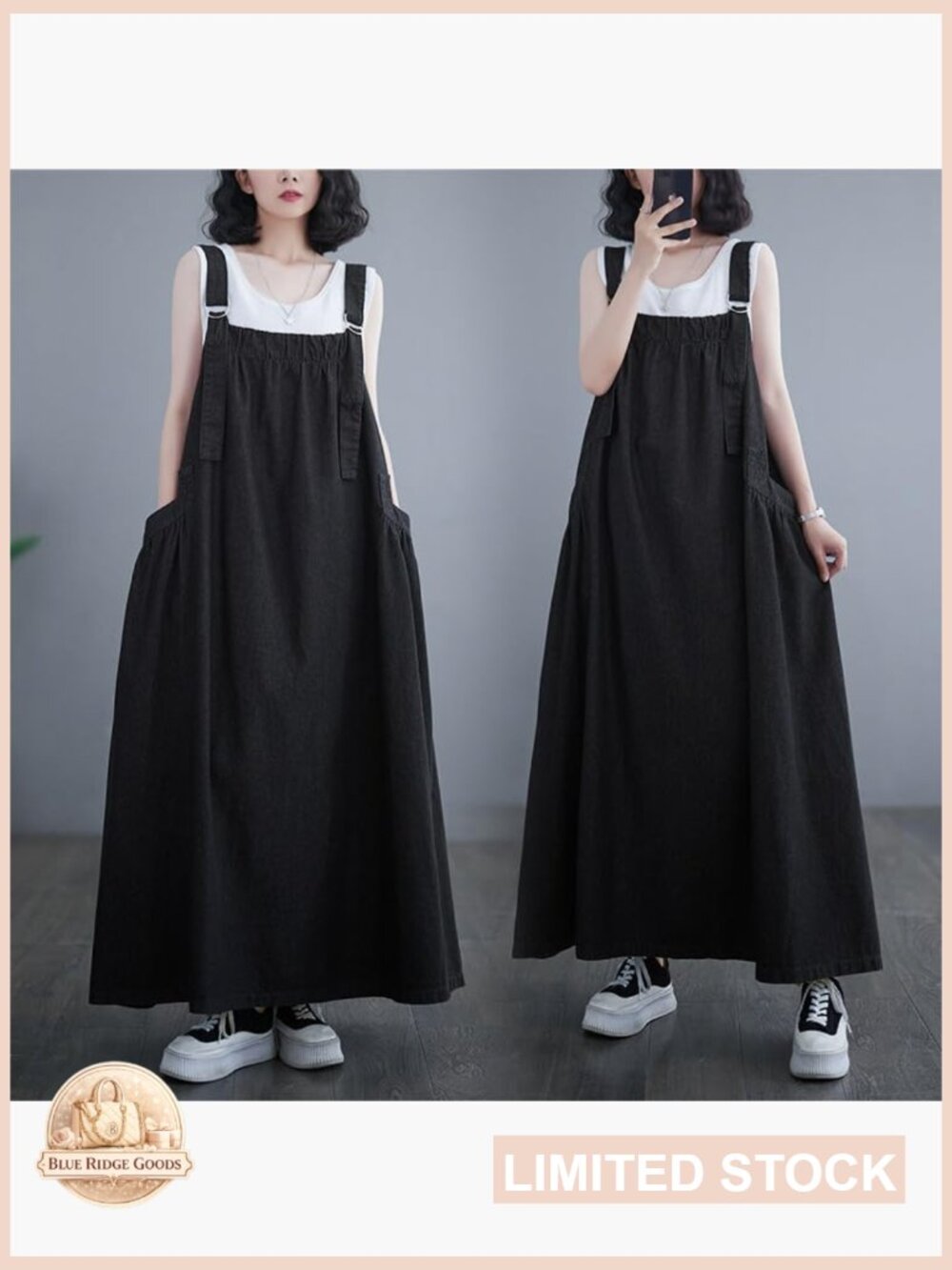 Denim Jumper Dress Loose Fit Maxi Length Adjustable Straps Casual Y2K Style - Picture 4 of 7